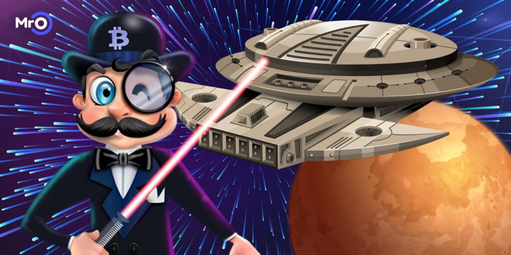 MrO Casino mascot dressed as a Star Wars-inspired character with lightsaber, standing in front of a UFO and Mars, promoting instant withdrawals and themed casino games.