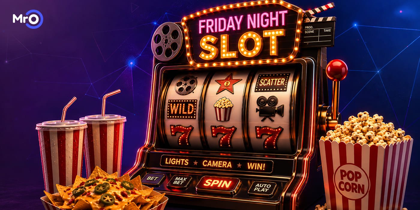 Friday night slot machine with movie snacks illustrating instant withdrawals at Mr O Casino.