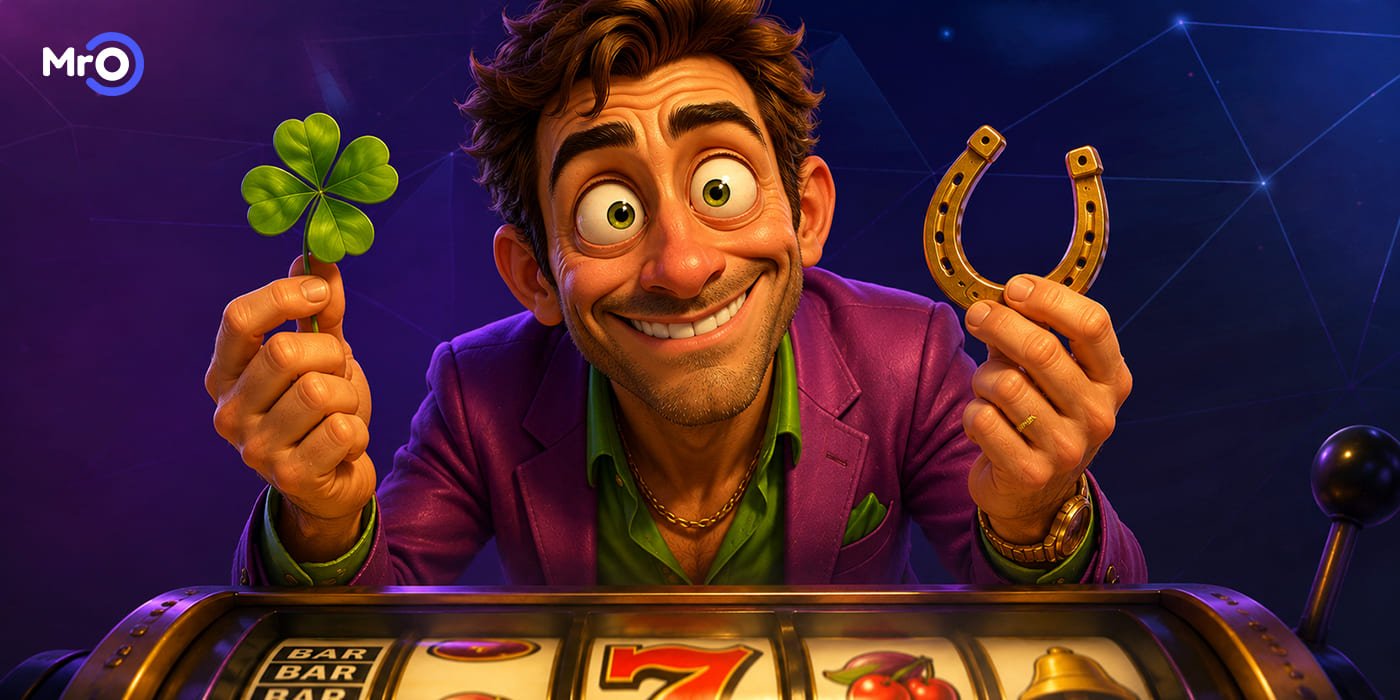 Gambler’s fallacy illustrated by a slot player holding lucky charms and expecting the next spin to win.