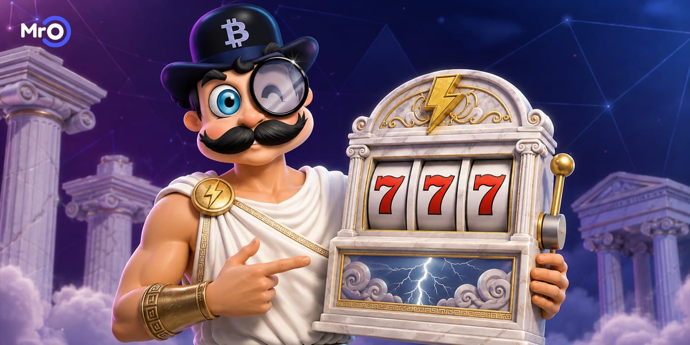 Mr O dressed as a Greek god beside a 777 slot machine, illustrating nine costly slot myths players should stop believing