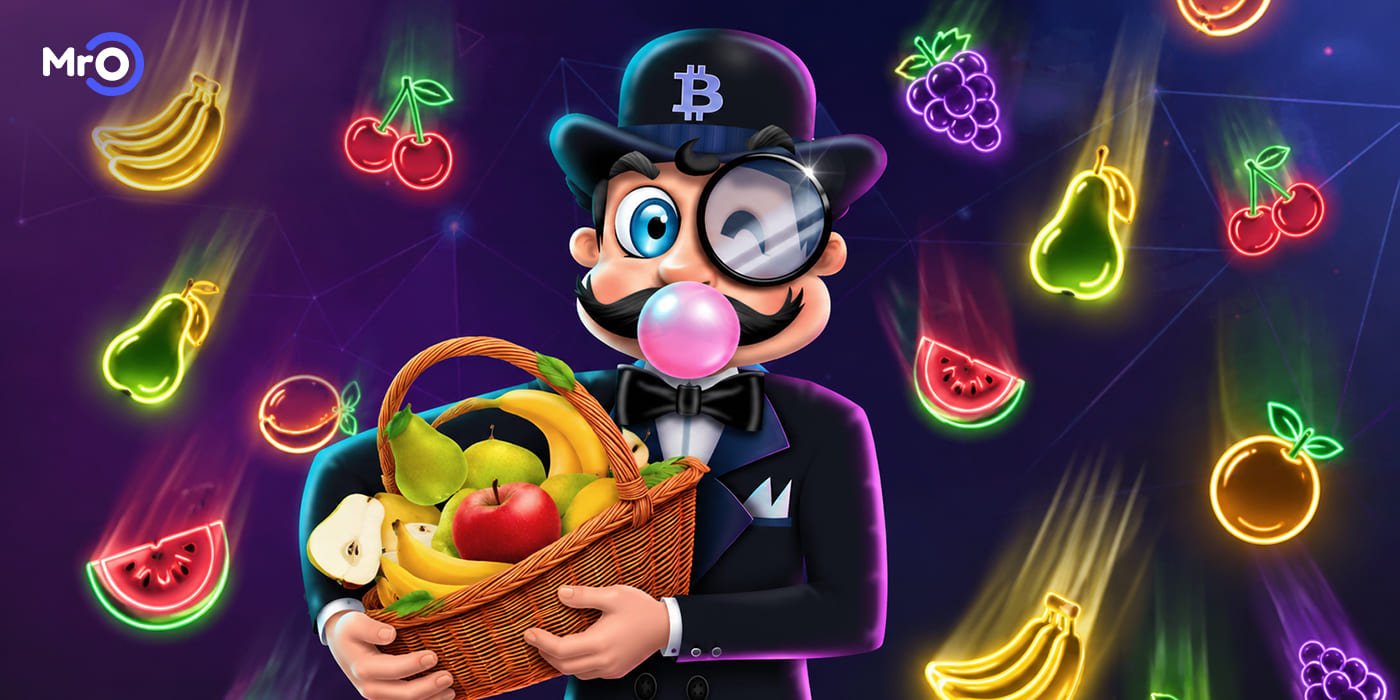 Mr O Casino mascot blowing bubble gum with fruit slot symbols in the background