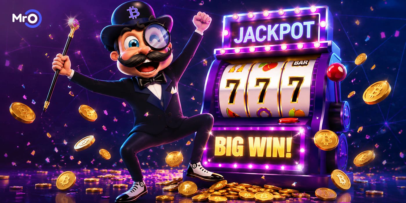 Mr O mascot celebrating beside a slot machine as random reels land on triple sevens